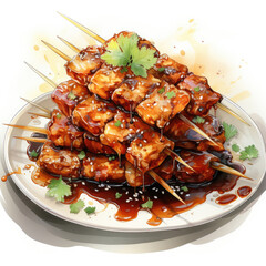 Watercolor satay food, clipart Illustration, Generative Ai