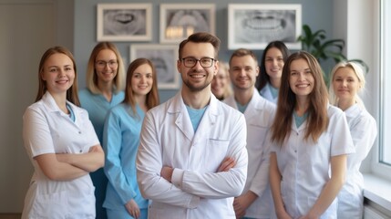 Obraz premium Group of professional dentists smiling while standing with arms crossed in a bright dental clinic.