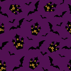 Halloween. Castle and bat flat seamless pattern. Vector Happy Halloween print with flying black bat and castle, on purple background. Print for packaging, fabric, holiday decoration, textile, wallpape