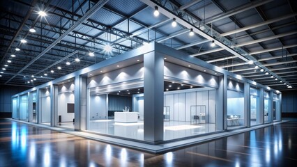 Modern sleek exhibition hall with blurred background featuring sleek display booths and elegant lighting for business trade events.