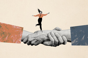 Creative collage picture young businesswoman ambitious deal handshake agreement cooperation teamwork collaboration partners