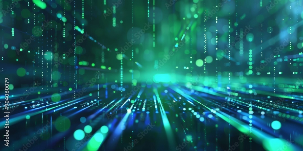 Poster abstract digital matrix shows green and blue data streams on dark background, creating futuristic vi