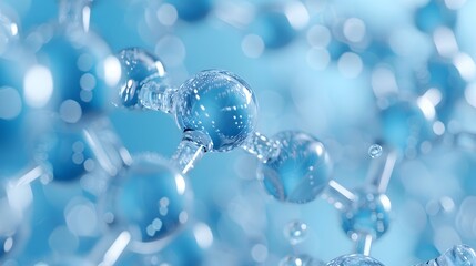 Molecular structure model, blue monochromatic color scheme, transparent glass atoms, interconnected bonds, scientific visualization, 3D rendering, macro photography.