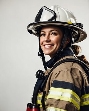 female firefighter plain white background smiling happy portrait with copy space