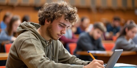A student taking notes during a lecture using a digital tablet, embracing digital learning tools