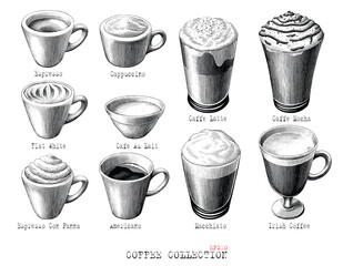Antique engraving illustration of Coffee type collection black and white clip art isolated on white background