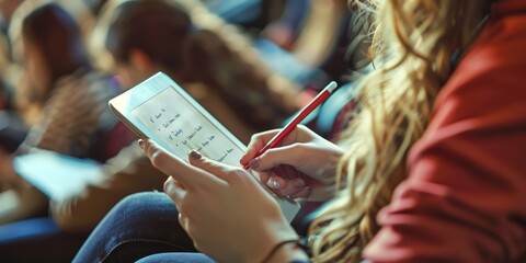 A student taking notes during a lecture using a digital tablet, embracing digital learning tools