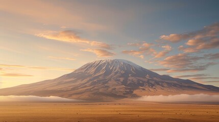 Majestic mountain landscape at sunrise with beautiful sky, soft clouds, and misty foreground, creating a serene and tranquil scene.