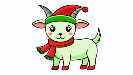 Vector Line Art of Christmas Cute Goat with Santa Claus Hat and Scarf on White Background