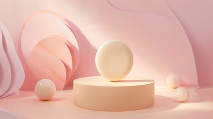 Fototapeta premium A matte cylindrical podium is set on a pastel background with abstract geometric shapes. Soft studio lighting adds a gentle glow, ideal for showcasing beauty products.