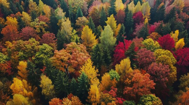 An aerial view of a forest during autumn season, showcasing trees with vibrant and diverse foliage in colors ranging from red, orange, yellow to green, creating a tapestry of colors.