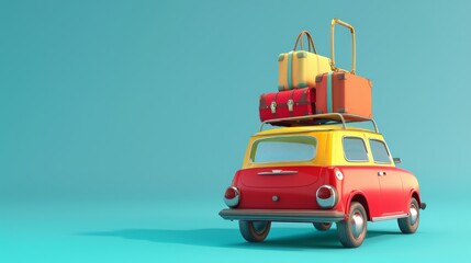 A car in the style of a 3D cartoon. Bags and suitcases are stacked on the roof. the concept of a tourist holiday.