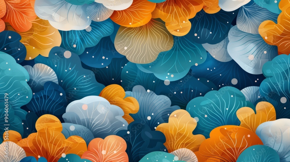 Poster vibrant abstract background with colorful overlapping shapes in orange, blue, and white tones, creat