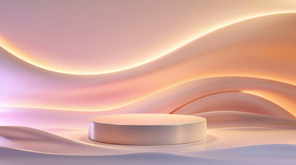 A smooth cylindrical podium is isolated on a pastel background with abstract wave patterns. Warm studio lights create a soft, inviting glow, ideal for product presentation.