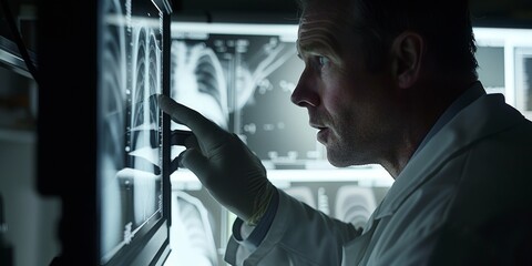 A physician examining an x-ray in the emergency room, diagnosing fractures and injuries with advanced medical imaging