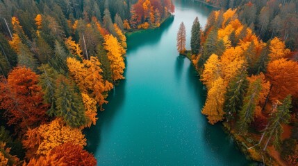 This image captures a beautiful aerial view of a serene lake surrounded by lush forests with trees showcasing autumn hues, creating a tranquil and picturesque scene.