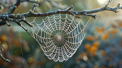 A beautiful structural spider web with many nooks and crannies created on a small dry twig non symmetrical spider web with silk looking crafted web spider masterpiece delicate web