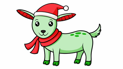 Vector Line Art of Christmas Cute Goat with Santa Claus Hat and Scarf on White Background