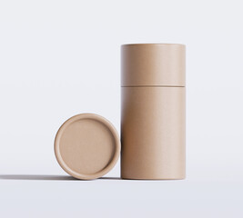 Brown Paper tube package mockups isolated on white background. Blank craft carton circular realistic tube texture. Cylindrical container with cap for product branding 