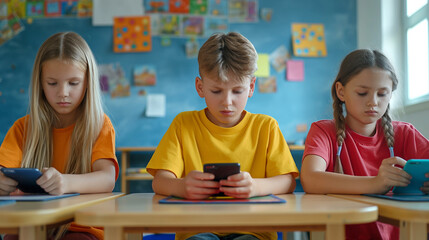 Schoolmates web surfing on smartphones during school break