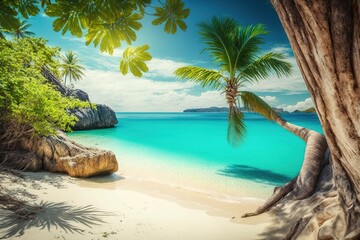 Tranquil beach scene with palm trees, clear blue water, and white sand.