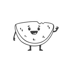Cute cartoon watermelon with a smile on a white background. Funny piece of watermelon in doodle style. Vector illustration