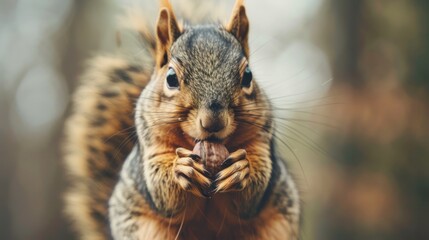 Fototapeta premium A fox squirrel with a nut in its mouth