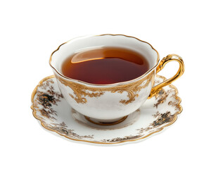 A white tea cup with a floral design sits on a white saucer