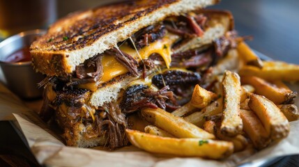 cheesy and delicious grilled cheese with short rib and brisket with a side of fries at new american restaurant