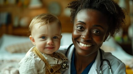 Smiling Black woman Doctor Happy White Child Medical Setting Compassion Healthcare