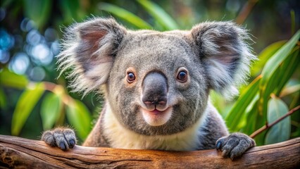 Obraz premium Adorable smiling male koala bear snugly perched on eucalyptus tree branch with soft fur and big round curious eyes.