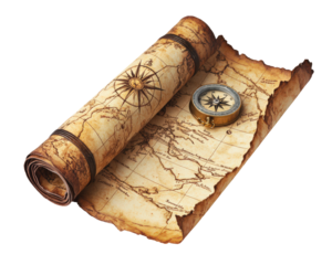 A map is rolled up and a compass is placed on top of it