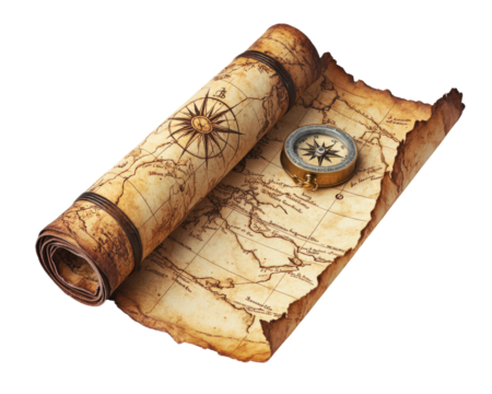 A map is rolled up and a compass is placed on top of it