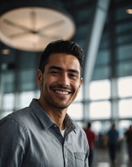 Fototapeta premium hispanic guy airport terminal background smiling happy portrait with copy space