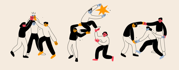 Group of people or coworkers supporting each other, holding hands, giving high five. Cartoon characters. Community, success, unity, friendship, teamwork concept. Hand drawn modern Vector illustration