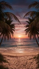 Obraz premium Ocean sunset scenery summer evening with palm tree silhouettes desktop wallpaper
