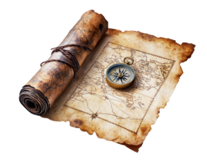 A map is rolled up and a compass is placed on top of it