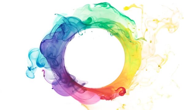 Rainbow Ink Circle: A vibrant abstract image featuring a circular frame of swirling, rainbow-colored ink on a white background. The empty circle offers a versatile canvas for your creative text or des