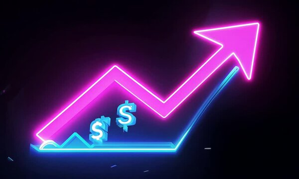 Neon Ascent: Charting Success in Vibrant Light - A neon pink arrow, pulsating with energy, ascends a graph illuminated by the cool blue glow of dollar signs, embodying financial growth and prosperity.