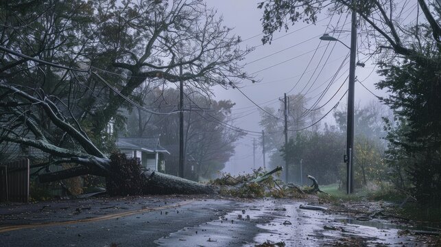 Storm damaged trees and powerlines fallen
