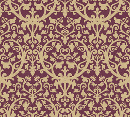 Vector seamless illustration depicting an intricate ornate pattern in baroque style. Repeating floral motifs in beige on a maroon background. Elegant and sophisticated, evoking a sense of wealth.