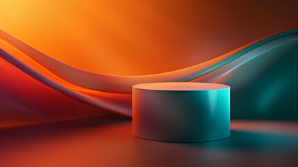A smooth cylindrical podium is isolated on a background with abstract orange and teal wave patterns. Warm studio lights create a soft, inviting glow, ideal for product presentation.
