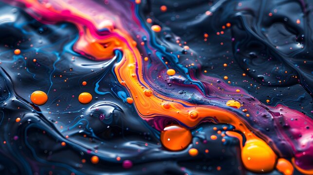 Vibrant abstract paint splatter, explosive color burst, bright neon hues, intense orange accents, luminous paint drops, dynamic color splash, black background.