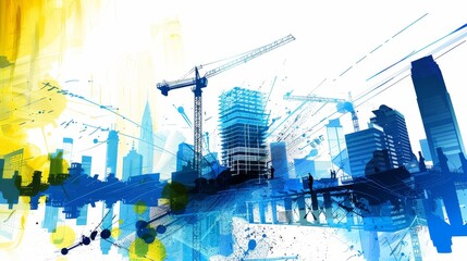 Obraz premium A modern city skyline depicted in abstract art style, featuring construction cranes, high-rise buildings, and vibrant colors representing urban development and growth.
