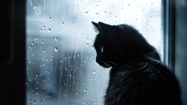 Silhouette of a dark gray cat seen through a translucent glass window - Powered by Adobe