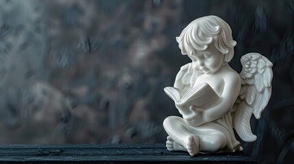 a small beautiful children s pure ceramic white color with a broken wing angel figurine of a child with a book stands on a black wooden table
