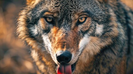Fototapeta premium The image shows a close up of a wolf with its tongue sticking out looking straight at the camera The wolf has a thick coat of fur with shades of brown and gray and its eyes are beehive and pointed