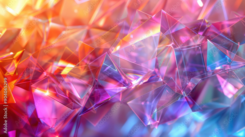 Poster Abstract background,  Translucent geometric shapes in vibrant iridescent colors form a captivating background, creating a sense of depth and movement. The center is left blank,