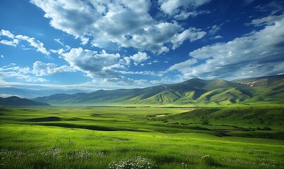 Obraz premium Rolling green fields extending to the horizon, with picturesque mountains and a sky filled with beautiful, textured clouds