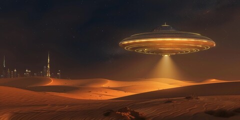 UFO spaceship travels around planet earth. Hidden alien base in the Sahara desert.